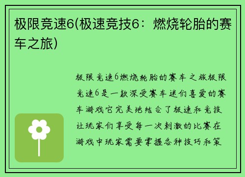 极限竞速6(极速竞技6：燃烧轮胎的赛车之旅)