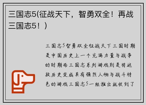 三国志5(征战天下，智勇双全！再战三国志5！)